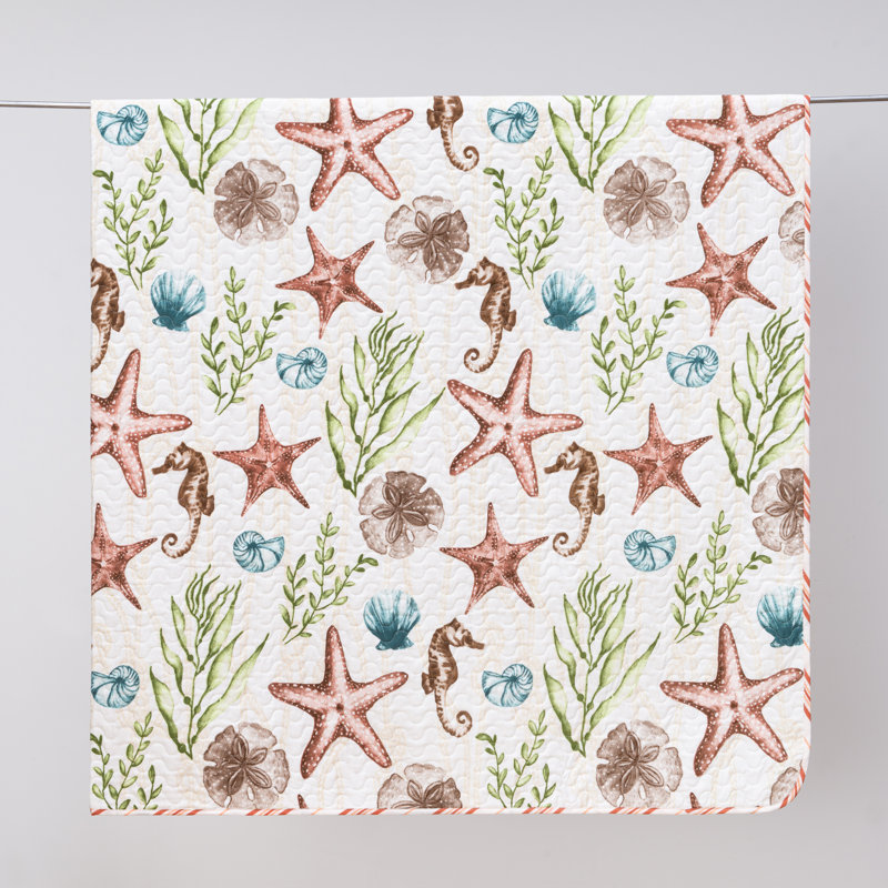 Nautical Shell Reversible Quilt Set with Shams, Twin / Twin XL Quilt + 1 Standard Sham