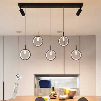 Ploch 7-Light Black LED Kitchen Island Pendant,Dimmable Modern Chandelier with Spotlights for Dining Room