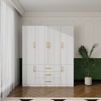 White Modern Wardrobe with 2 Hanging Areas, 3 Drawers & Multi Storage Compartments Bedroom
