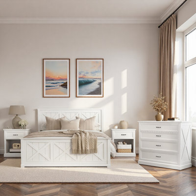 Ensemble de chambre à coucher 4 pièces, lit plateforme en bois avec tête de lit à motifs classiques, 2 tables de chevet avec tiroir et tablette ouverte, 1 commode à 4 tiroirs