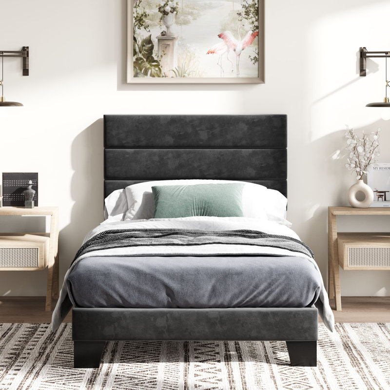 Lit plateforme Elison avec tête de lit tapissier en tissu et lattes en bois, Noir, Simple