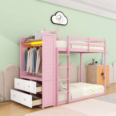 Bunk Bed with Drawers, Hanging Rail, Built-in Shelves, LED Light Strip and Dual Pegboards