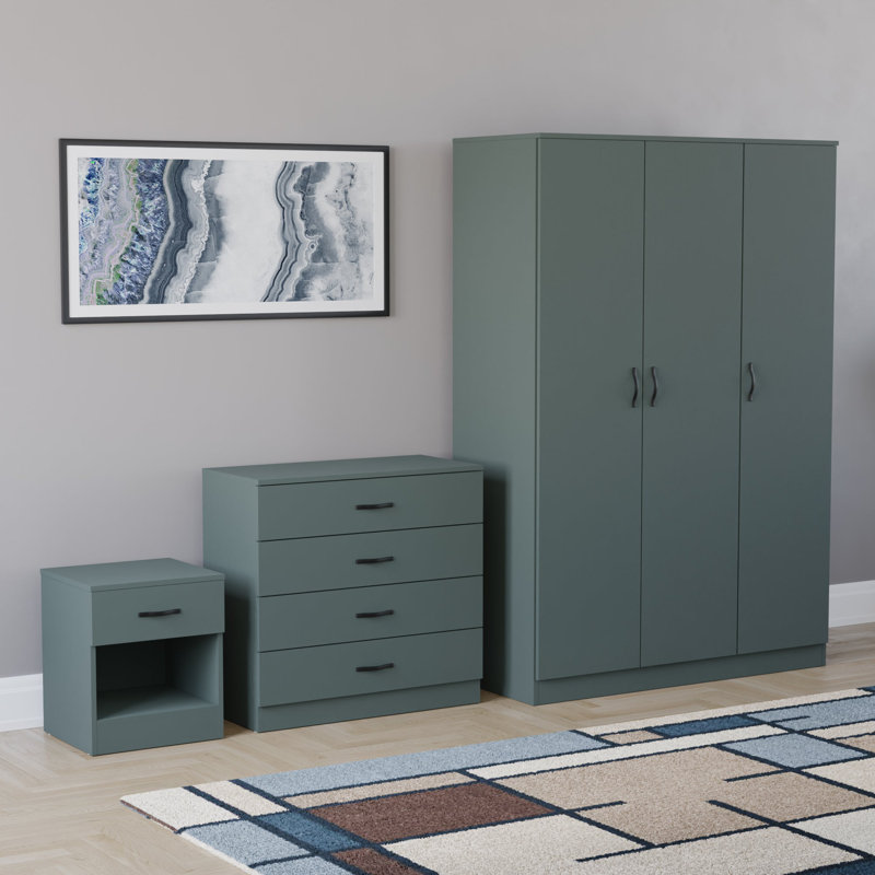 Maybery 3 Piece Bedroom Set (1 Drawer Bedside Chest, 4 Drawer Chest, 3 Door Wardrobe), (5), Green