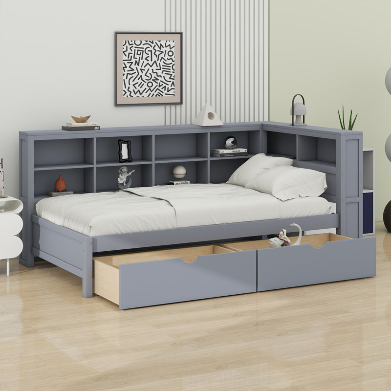 Lit de jour avec tiroirs, tablette et ports de chargement USB, Gris