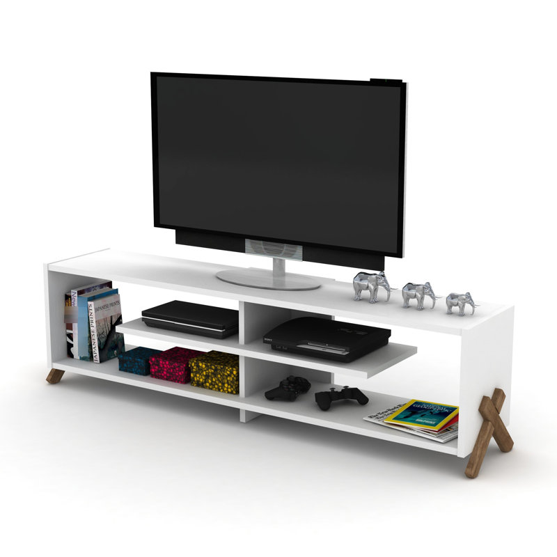 Meuble télé 57 po en noyer de style moderne Mid-Century avec 4 tablettes ouvertes