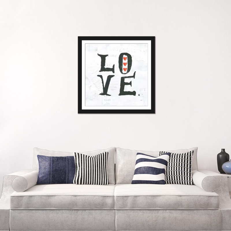 "Mots", "Love", art textuel sur toile tendue, H 24 po x l 24 po x P 1 po, Papier beaux-arts encadré noir, Blanc
