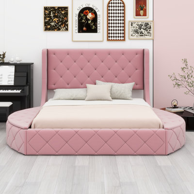 Lit plateforme tapissier avec tête de lit à oreilles et 1 grand tiroir, 2 tabourets de rangement latéraux