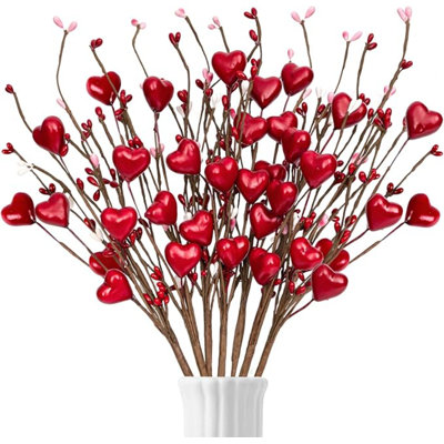6 Pcs Heart Shaped Berry Picks 15.7in Artificial Red Berry Twig Flowers Stem Branches with Red Heart Valentine's Day Gifts for Valentine's Day Anniversary Flower Bouquets Wedding Home Decor Valentines Decorations