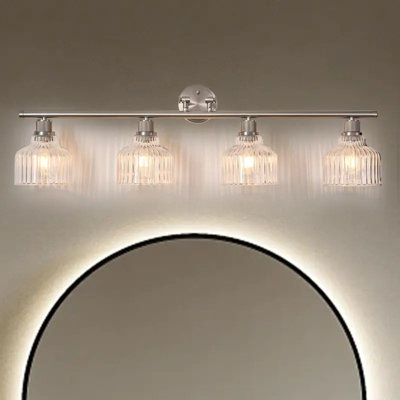 Luminaires de salle de bain argentés à 4 lumières, éclairage de salle de bain moderne avec abat-jour en verre cristal à abat-jour épais, lumière de meuble-lavabo rétro pour chambre de ferme