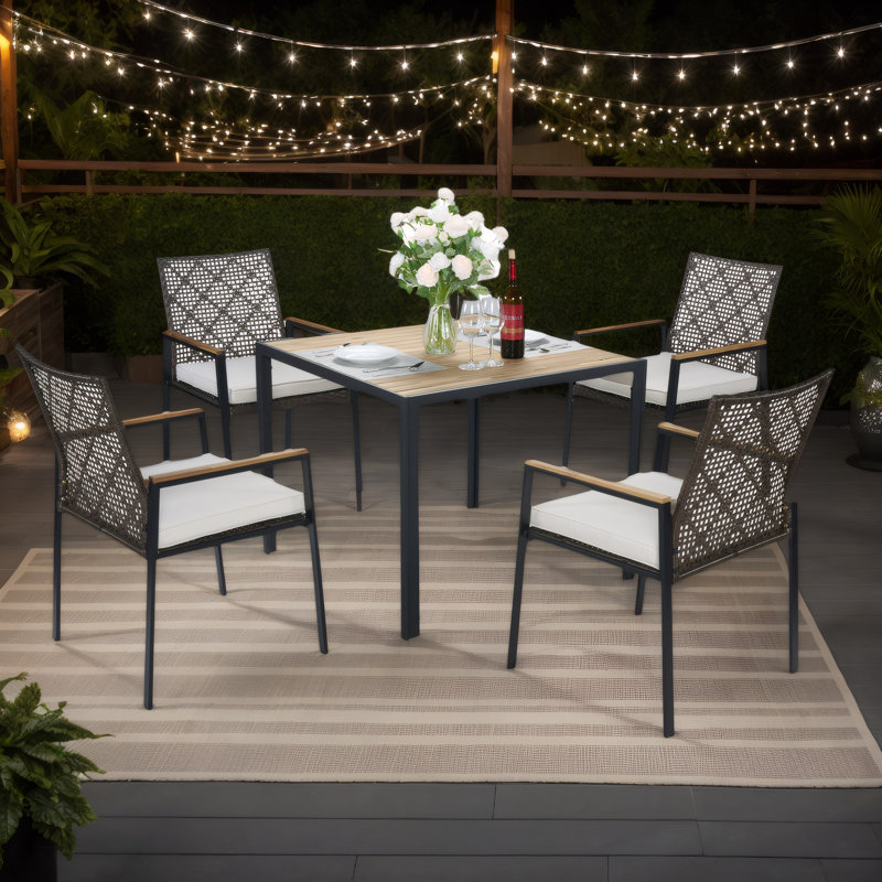 5-Piece Rattan Patio Set with Acacia Wood Table - All-Weather Outdoor Dining & Conversation Furniture, Black, White