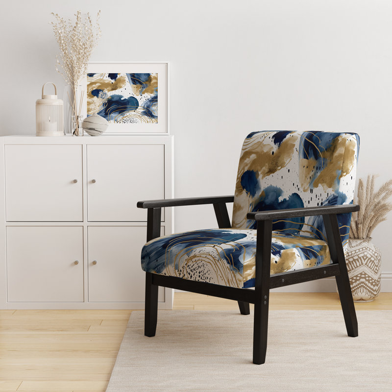 Motif abstrait avec textures II - Fauteuil rembourré moderne en velours, Bleu / blanc / or / jaune, Noir