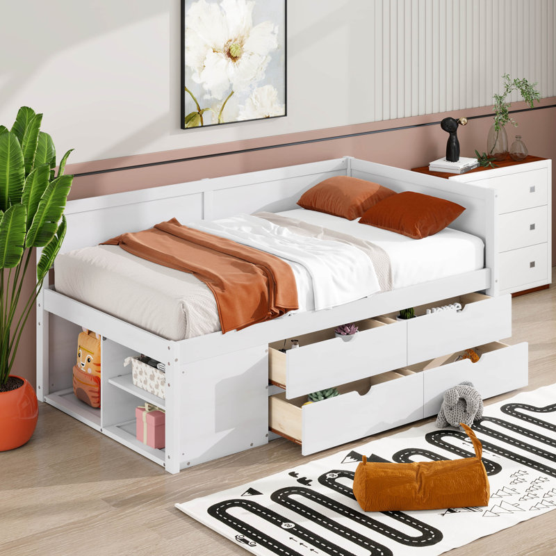 Lit de jour simple avec 4 tiroirs et tablettes de rangement, cadre de lit plateforme en bois avec tête de lit en L, lit d'angle