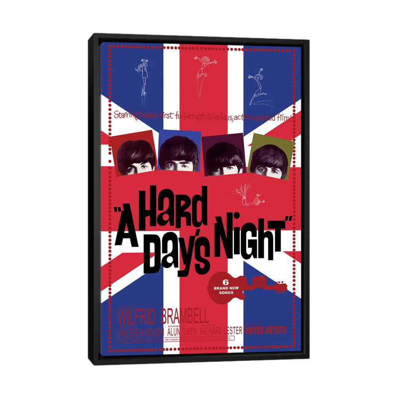A Hard Day's Night Film Poster (Union Jack Background) by Radio Days - Print on Canvas, 152.5 cm H x 101.5 cm W, Black Framed