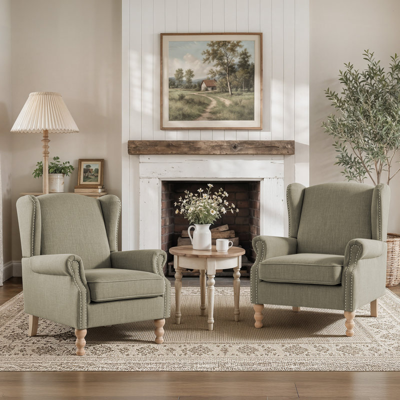 Fauteuil à oreilles tapissier extra large 30,9 po Farmhouse avec pieds en bois massif pour le salon, la chambre à coucher et le coin (ensemble de 2)
