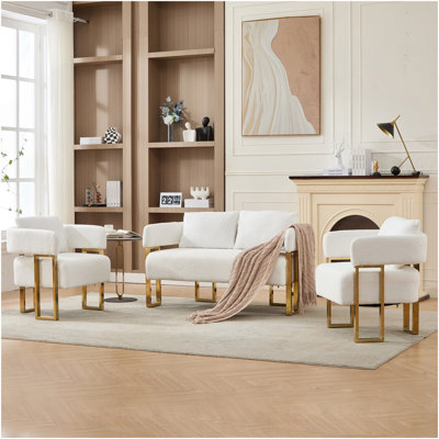 Modern Decorative Chair, Living Room Side Chair With Gold Metal Legs, No Wheels, Suitable For Dressing Area, Reception Room, Office,Teddy Fleece Upholstered Metal Foot Sofas  White