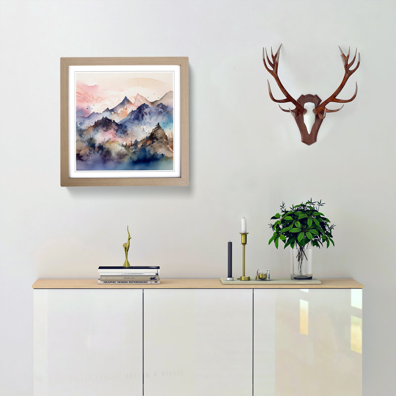 Japanese Mountains Watercolour No.1 - Single Picture Frame Print on Wood, Oak