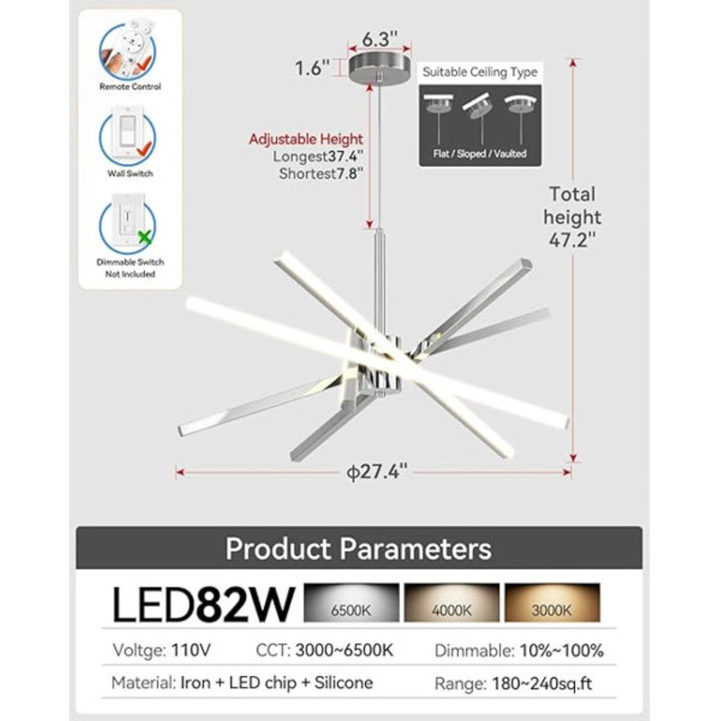 Modern 31.5" Sputnik LED Chandelier 82W Dimmable Pendant Light with Remote Control for Dining Room, Living Room, Kitchen, and Bedroom Ceiling Fixture