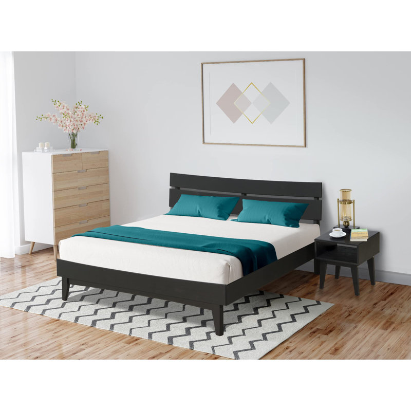 Ensemble de chambre à coucher 2 pièces - Structure de lit plateforme en bois massif avec table de chevet assortie, style Mid-Century moderne, finition Ristretto noir, capacité de 800 lb, aucun sommier nécessaire