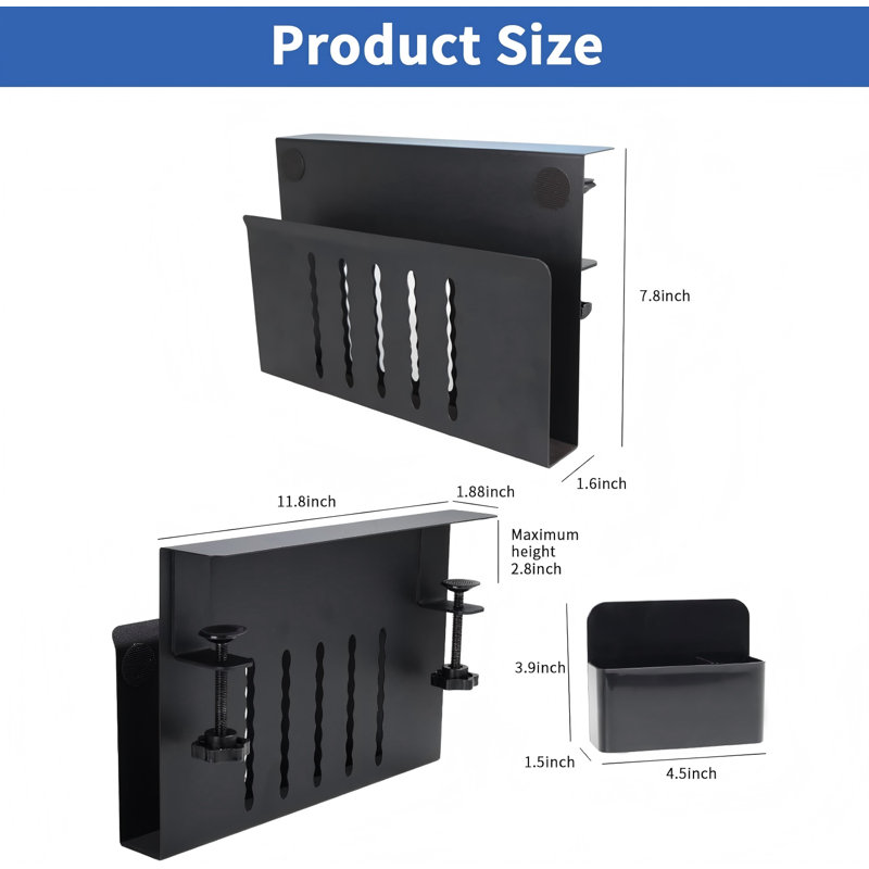 Rangement latéral pour bureau, organisateur de bureau latéral en acier, support pour ordinateur portable sans perceuse, fixation pour ordinateur portable à pince avec porte-stylo, rangement suspendu pour bureau à domicile, convient aux tables à rebords plats de 0,3 po à 2,8 po