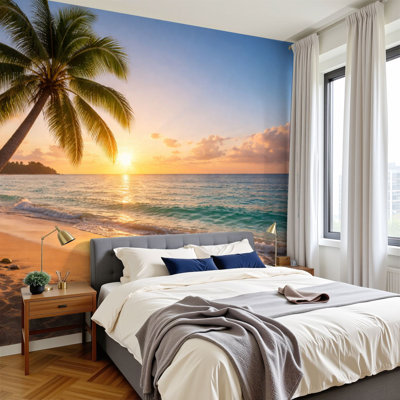 Papier peint adhésif auto-adhésif moderne pour la chambre à coucher, avec des palmiers de plage tropicale, impression de coucher de soleil l 144 "x H 100" Peel and Stick