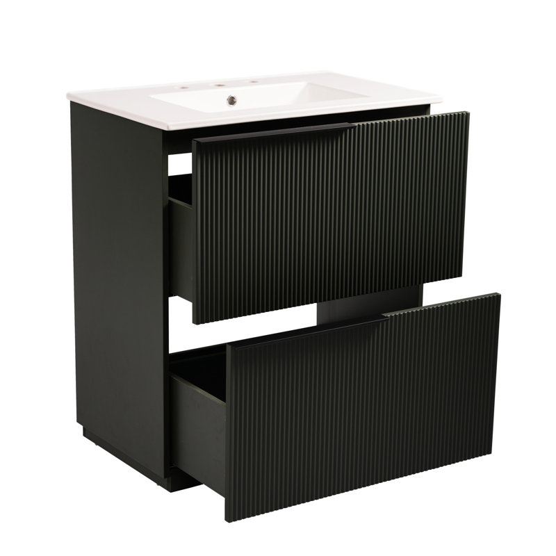 Meuble-lavabo de 30 po équipé d'un lavabo en céramique, de tiroirs pleine extension lisses et d'un design cannelé pour un abri de rangement confortable, glissières de tiroir à fermeture en douceur