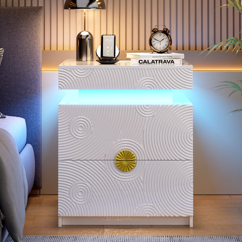 Modern Led Nightstand With Motion Sensor, App-controlled Rgb Lights & 2 Drawers - Textured Bedside Table, White