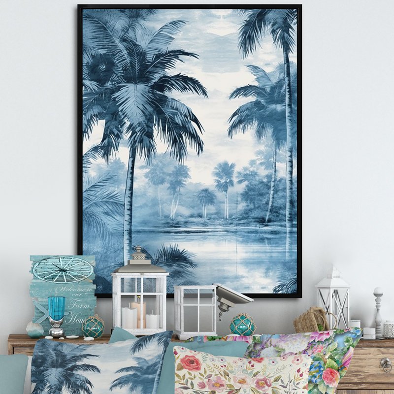 Palmiers bleus rétro, impression sur toile, palmiers, ombres, Cadre flottant noir, H 32 po x l 24 po x P 1 po