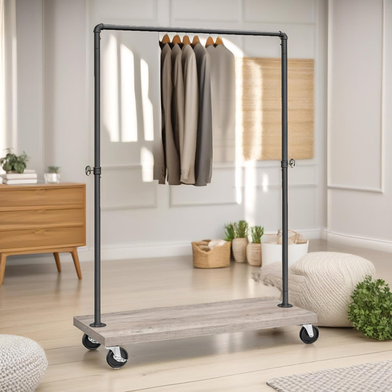Industrial Garment Rail On Wheels Rustic Brown Bedroom Furniture Clothes Rack