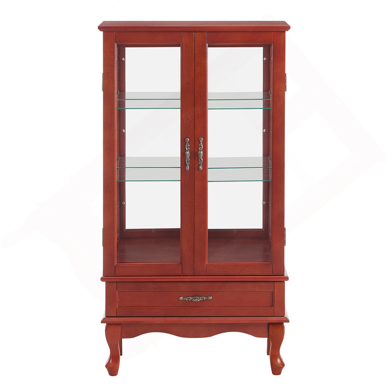 Vitrine lumineuse en verre avec tablettes réglables, deux portes et un tiroir pour une décoration polyvalente et un rangement efficace