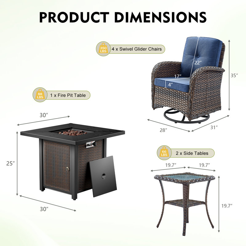 Ensemble de conversation et de table de foyer d'extérieur avec coussins 7 pièces Braxleigh, Bleu