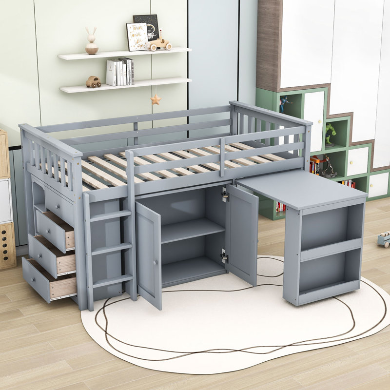 Lit mezzanine simple 4 tiroirs en bois avec armoires, bureau coulissant et barrières de sécurité, gris