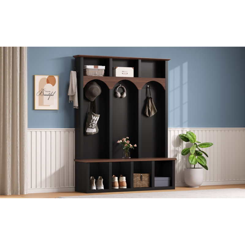 d'entrée de campagne-en-1 avec banc en noyer arqué, panneau de rangement en panneau de fibres à densité moyenne noir et panneau de particules pour vestibule, vestibule et salon