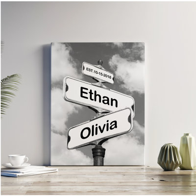 Personalized Street Sign Canvas Wall Art with Custom Names & Date – Timeless Black and White Sky Décor for Couples, Weddings, and Anniversaries