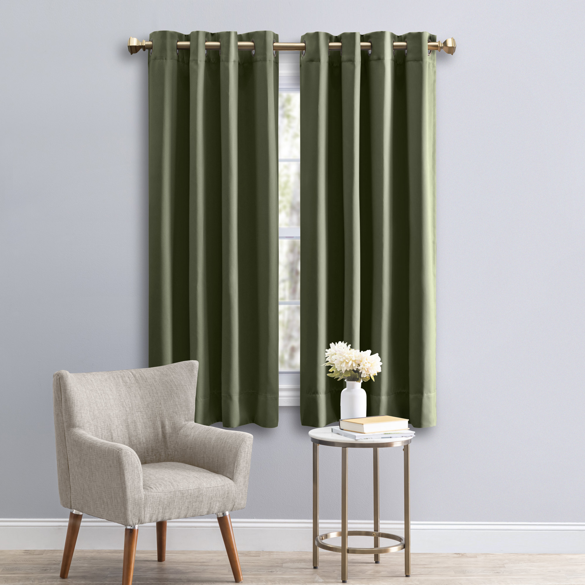 Ardelle Blackout Polyester Curtain, 56" W x 54" L, Sage with Antiqued Bronze Grommets