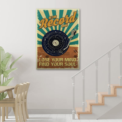 Retro Retro Room - «Lose Your Mind, Find Your Soul», toile tendue avec châssis - Illustration musicale, décor de couloir brun, noir et bleu