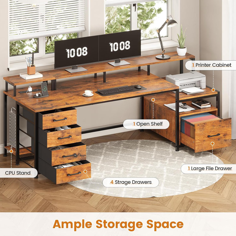 Moomal 75" W Computer Desk with LED Lights , Brown/Black
