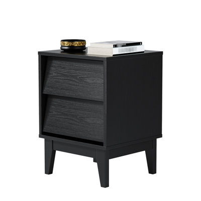 Black Nightstand With Vintage Flair And Bevel Design, , Solid Wood Legs For Bedroom Decor Vintage-Style, Material, Legs, 2-Layer Storage Use