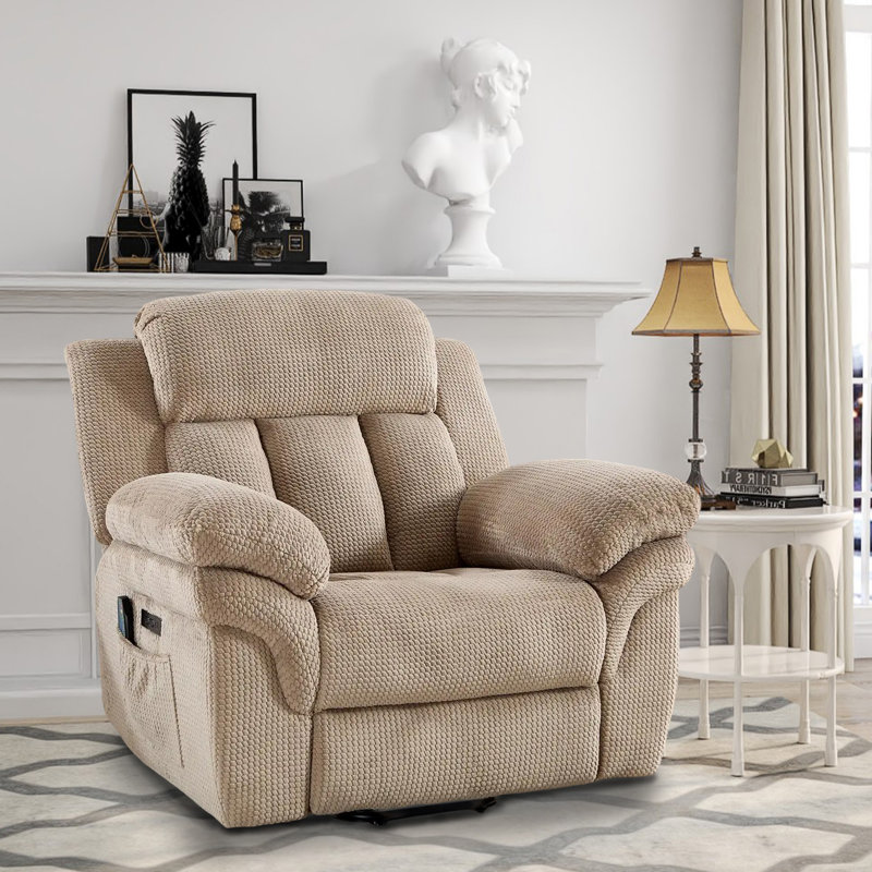 46.1" W Chenille Power Recliner with Massage and Heat , Sand Microfiber/Microsuede