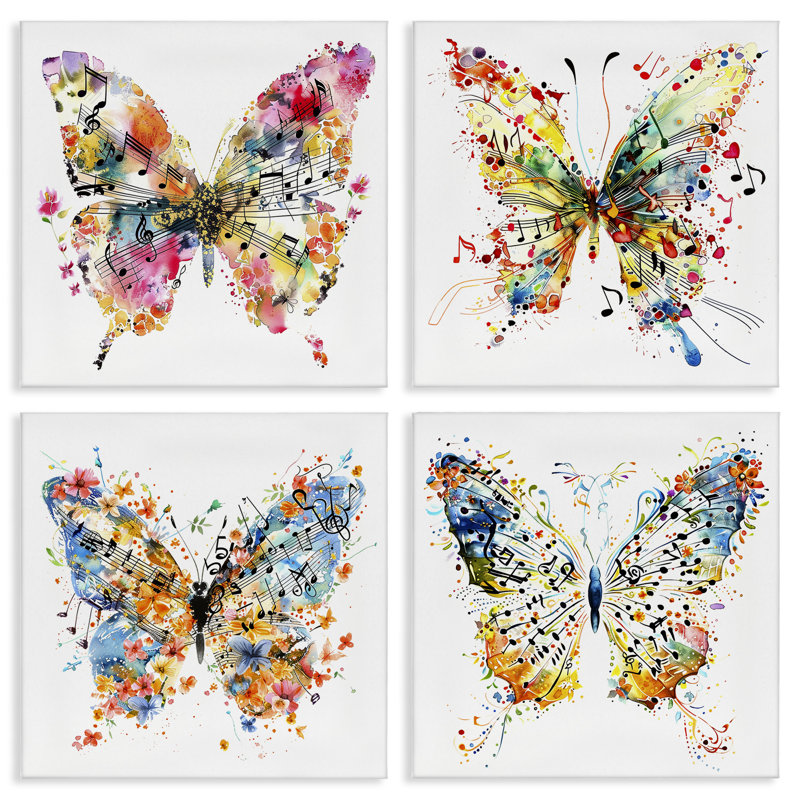 Ensemble de 4 impressions sur toile Butterflies with Music Notes par LSR Design Studio