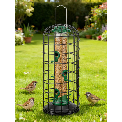 Mangeoire à oiseaux à l'épreuve des écureuils, mangeoire à oiseaux en métal robuste avec cage de protection, grande capacité de 14 pouces pour les oiseaux sauvages et les graines mélangées