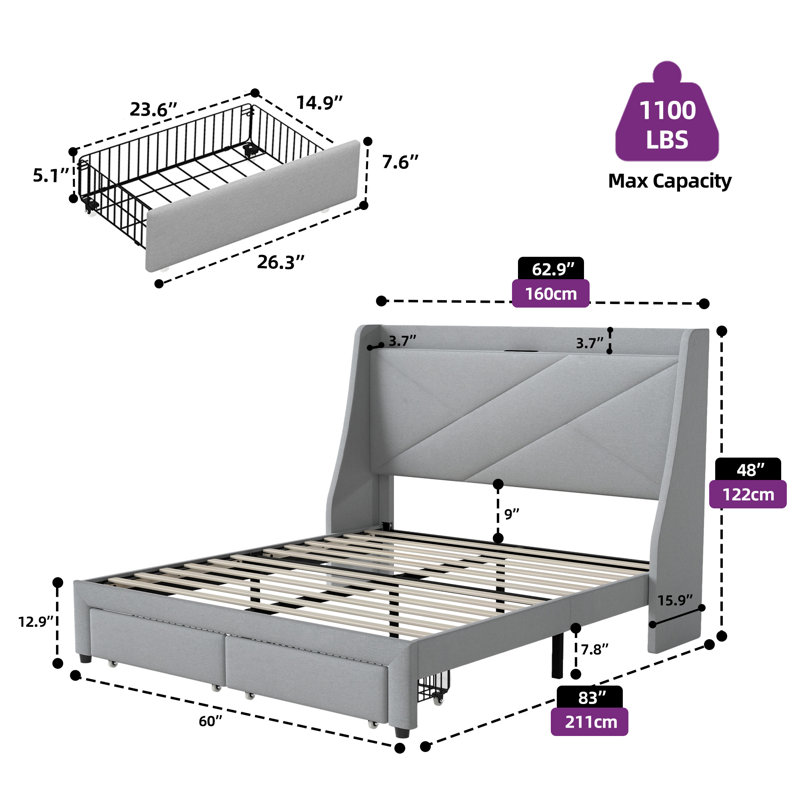 Genevi Storage Upholstered Bed with Built In USB Port, Grey
