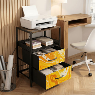 Table de chevet 2 tiroirs avec station de charge, table de chevet pour chambre avec ports USB et amp; Outlets, tablette ouverte noire, table de chevet avec teinture orange abstraite