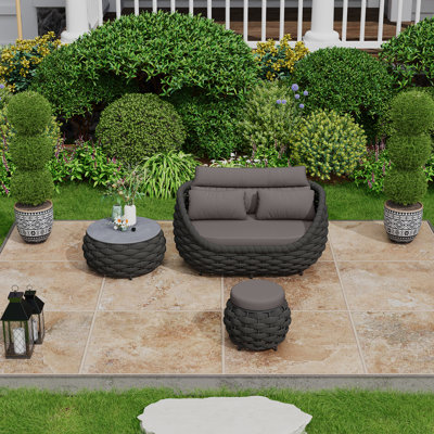 Fully Assembled 3 Set 2 Person Outdoor Lounge 2 Seat Aluminum Frame Sofa and Ottomans Seating Group With Coffee Table for Patio
