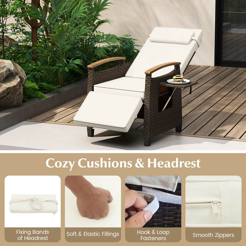 Red Barrel Studio® 2 Pcs Patio Wicker Recliner Chair With Adjustable Backrest Footrest Flip Side Table, White