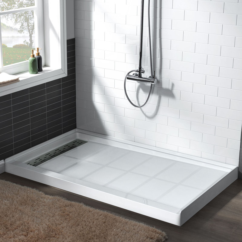 60" W x 34" D Solid Surface Single Threshold Shower Pan Base with Drain Assembly & Drain Cover Included, Non-Slip, Left
