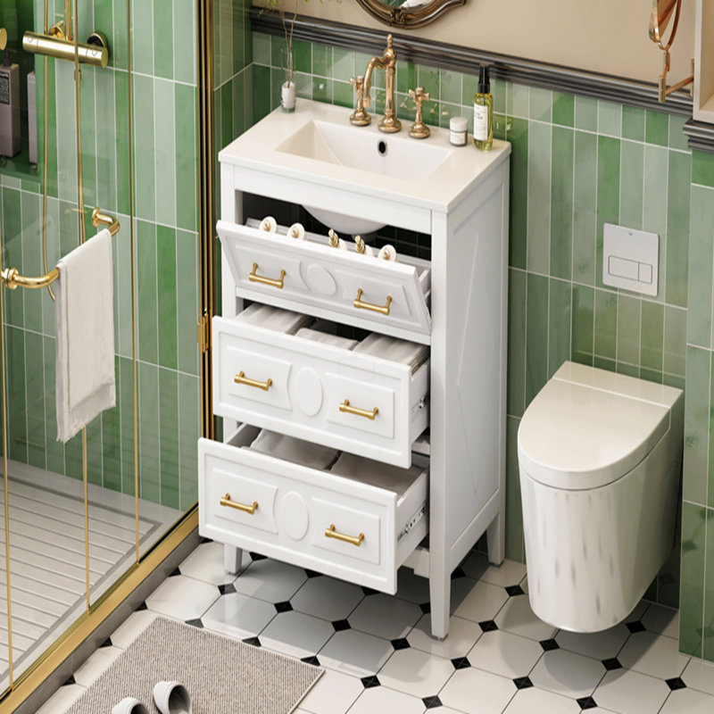 Ensemble de meuble-lavabo avec lavabo en céramique, ensemble de meuble-lavabo simple autoportant avec 3 tiroirs, armoire de rangement