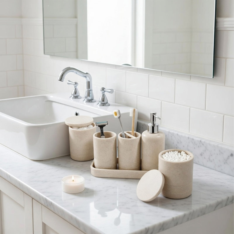 Ensemble d'accessoires de salle de bain 6 pièces, ensemble de meuble-lavabo beige avec distributeur de savon, porte-brosse à dents, plateau, gobelet et pots d'apothicaire