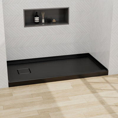 Base de douche en acrylique 60 po x 32 po GT, panneau de douche à seuil simple, antidérapant pour drain à gauche, noir brillant