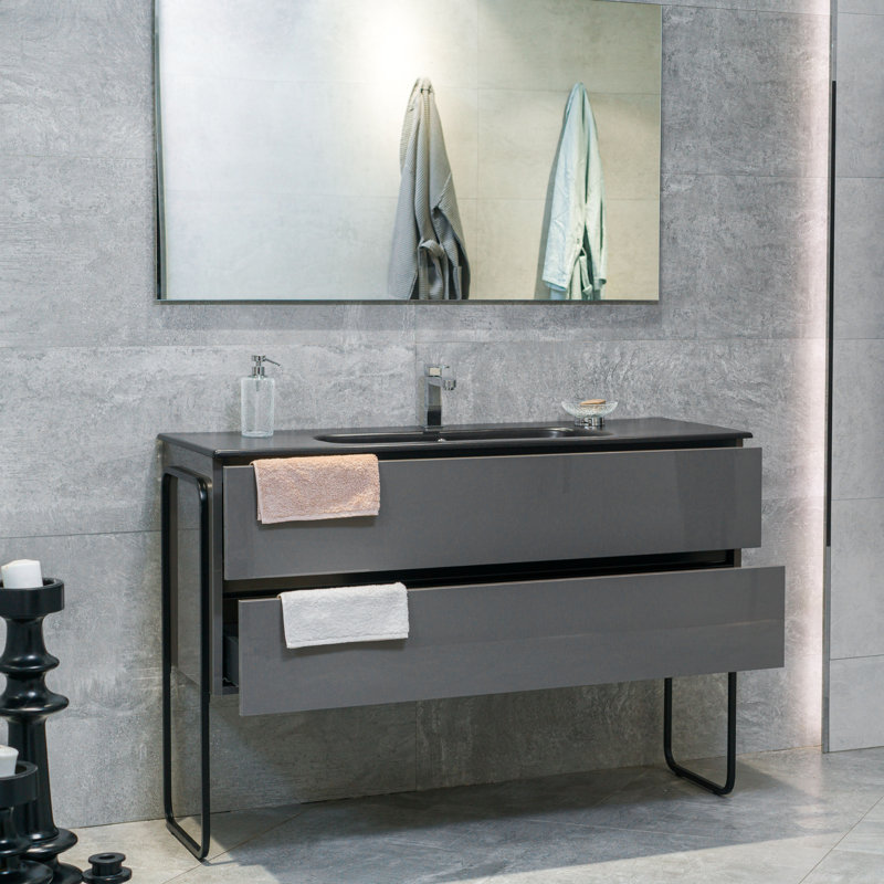 Ensemble de meuble-lavabo mural simple 48 po avec plateau en céramique Veneto, Noir, Anthracite