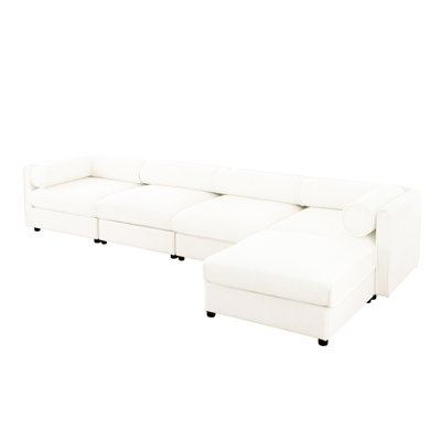 Salon 4 sièges avec rangement - en L, chenille blanche, compartiments cylindriques ergonomiques en L, confort profond